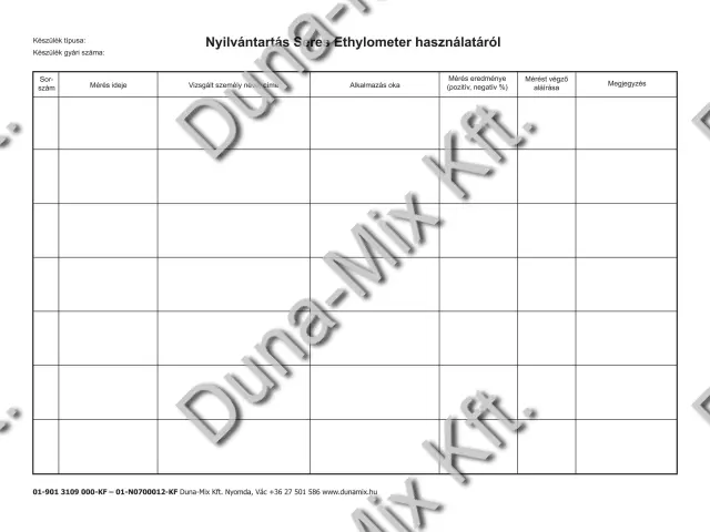 Nyílvántartás Seres Ethylometer használatáról